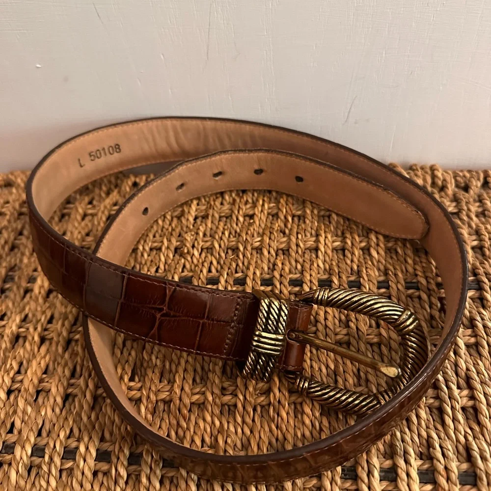 Brighton 1994 women’s brown reptile gold brush buckle leather L belt